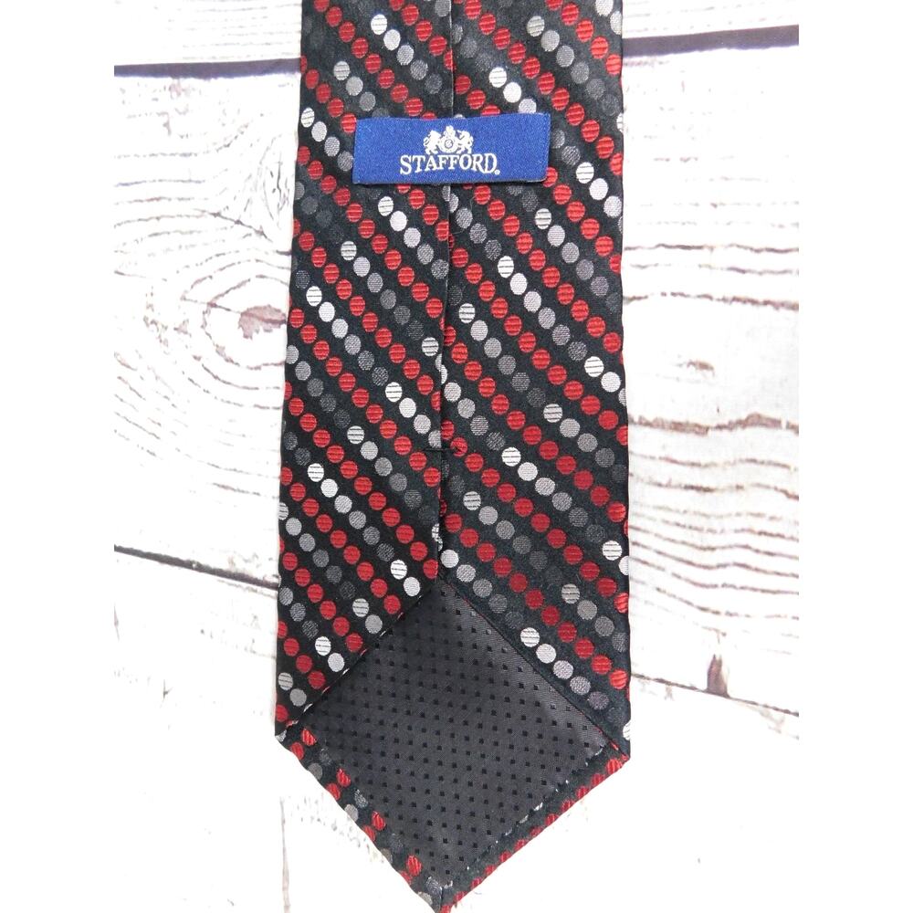 Men's Tie 58 x 3.75" Stafford 100% Silk Black Red Gray Dot Classic Necktie NWOT